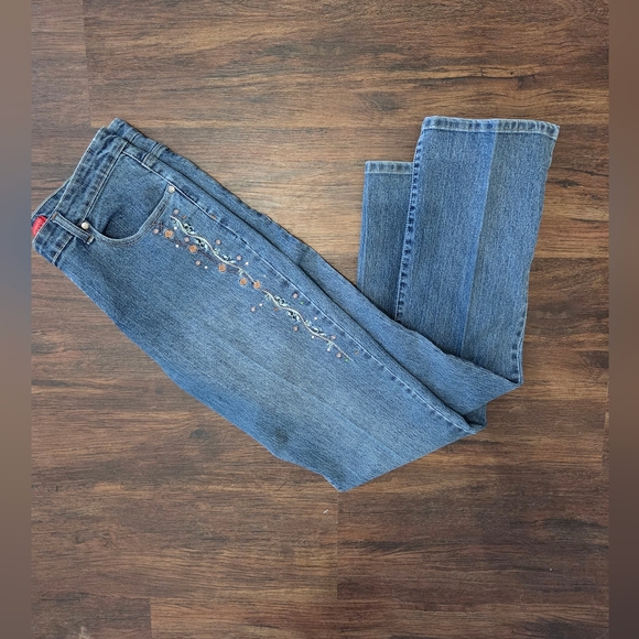 Cosmopolitan Blue Straight Leg Jeans with Floral Embroidery Size 16 - Picture 1 of 6
